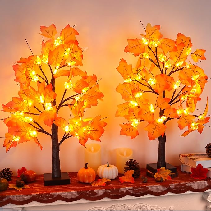 2 Pack 24 Inch Prelit Fall Maple Tree Fall Decor with 48 LEDs Timer Battery Operated Artificial Fall Light Up Tree Maple Acorn for Fall Thanksgiving Decorations Table Home Office Indoor Autumn Harvest-Ruum Studio Home