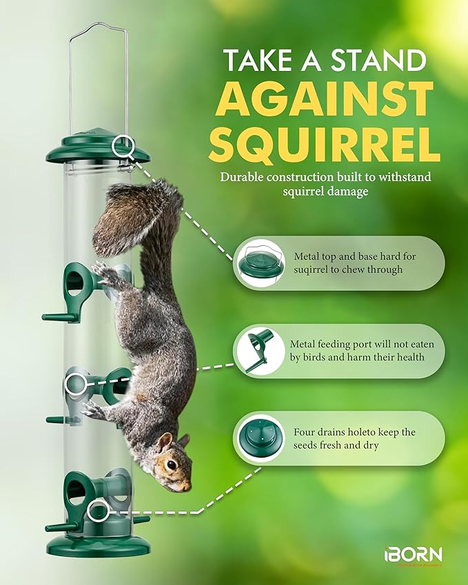 iBorn Metal Bird Feeders 6 Ports Hanging Wild Bird Seed Feeder for Mix Seed Blends, Niger Seed Feeder, Sunflower Heart, Birdbath, Heavy Duty All Metal Green Finishing 14 Inch 6Port-Ruum Studio Home