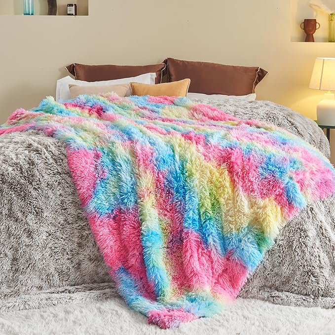 GONAAP Fuzzy Faux Fur Throw Blanket Queen Size Dark Rainbow Super Soft Cozy Plush Fuzzy Shaggy Blanket for Couch Sofa Bed (Dark Rainbow, Queen(90"x90"))-Ruum Studio Home