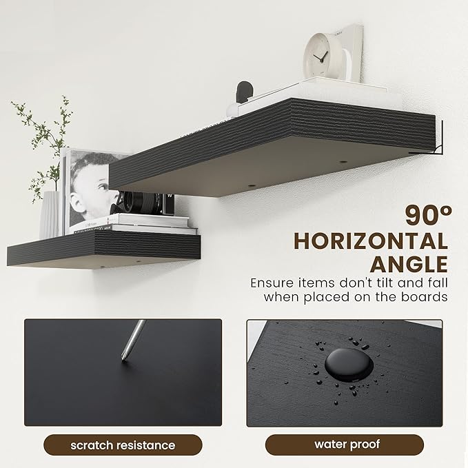 Deep Floating Shelves for Wall, 12'' Deep Large Floating Shelves Set of 2, 36 Inch Distressed Black Wood Shelves for Living Room Bathroom Laundry Room Bedroom Kitchen Home Office - Black-Ruum Studio Home