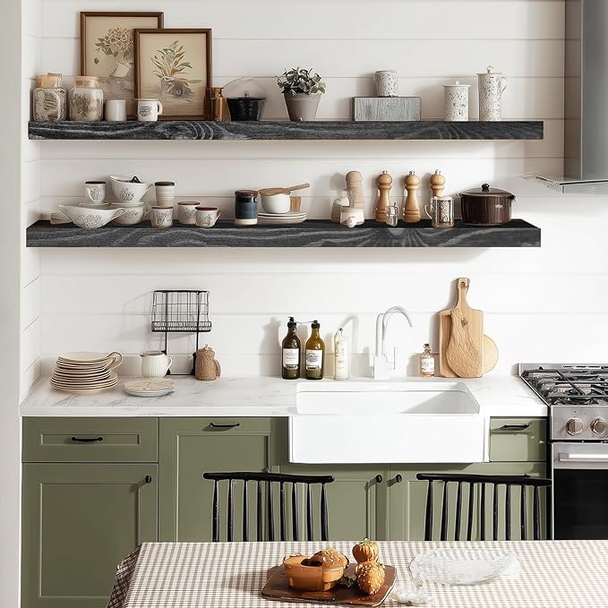36"x6.8"x1.2" Solid Wood Floating Shelves 2-Pack - Rustic Black Finish with Hidden Brackets, Perfect for Storage and Décor in Living Room, Kitchen, Bedroom-Ruum Studio Home