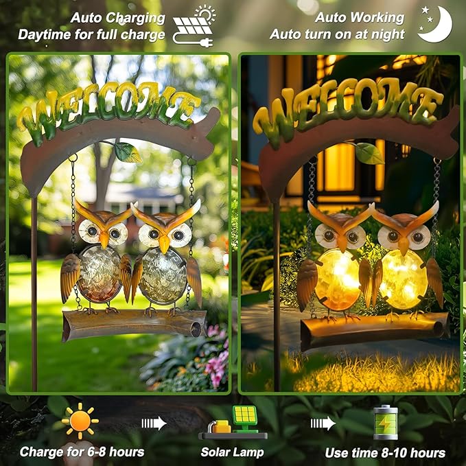HONGLAND Solar Lights Outdoor Decor, Owl Swing Garden Decor, Owl Gifts for Women Mom, Whimsical Garden Lights Outdoor Decorations with Welcome Sign for Outside Patio Yard Lawn Decor-Ruum Studio Home