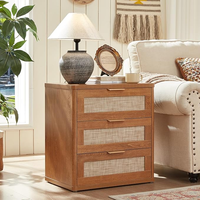 LEYAOYAO Boho Rattan Coffee Table and End Table Sets, 48" Wide Center Tables & 23" Night Stand with 3 Drawers, Brown Wood Coffee Table for Living Room 3 Piece Set-Ruum Studio Home