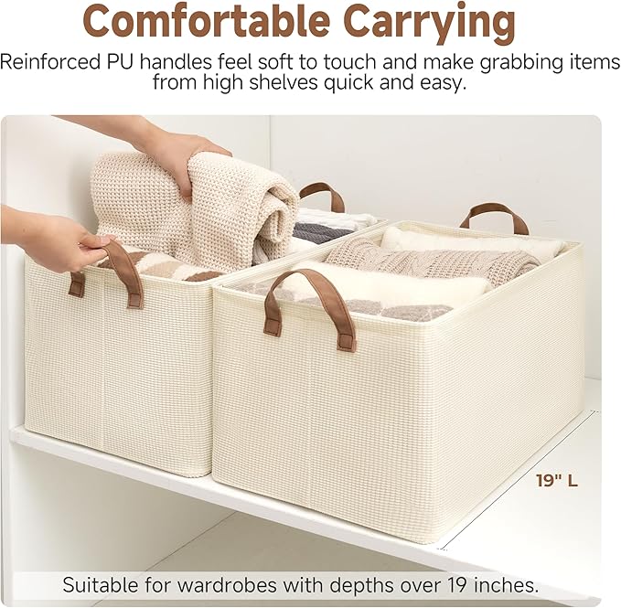 StorageWorks Storage Bins, Shelves Baskets for Organizing, 45L Extra Large Fabric Closet Organizers with Handles, Metal Frame, Beige（Texture）, 2-Pack-Ruum Studio Home