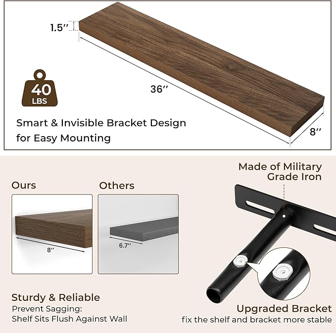 RICHFOCUS 36Inch Floating Shelves for Wall 2 Pack Shelves for Bedroom|Kitchen|Bathroom Wall Mounted Rustic Wood Floating Shelf with Invisible Brackets for Books|Storage|Decor, Walnut-Ruum Studio Home