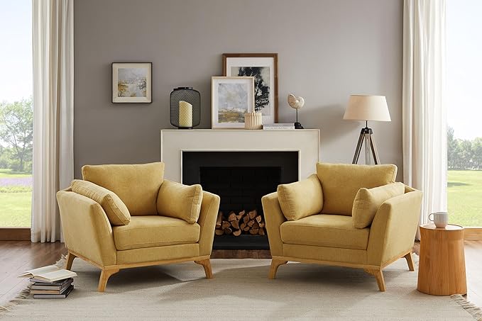 Large-Sized Accent Chair, Thick Cushion Bedroom Reading Chair, Comfortable Living Room Single Sofa, Linen Yellow-Ruum Studio Home