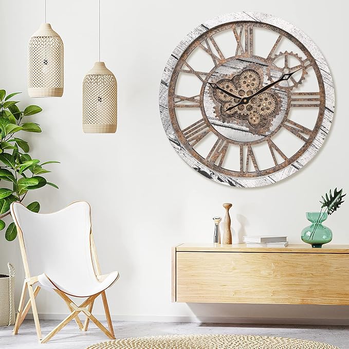 HOIBAI Large Wall Clock, 20 Inch Wall Clocks for Living Room Decor Farmhouse Vintage Rustic Kitchen Wall Decor Vintage Roman Big Oversized Wall Clock for Home Bedroom House Office, Moving Gears Clock-Ruum Studio Home