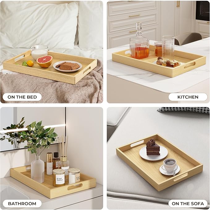 Axeman Wooden Serving Tray with Wood Handles|Ottoman Tray for Breakfast, Bed, Couch|17x12in Ash Wood Coffee Table Trays|Food Drinks Decorative Storage Boards for Ottoman Kitchen, Natural-Ruum Studio Home