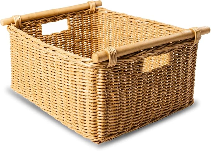 The Basket Lady Pole Handle Wicker Storage Basket, Large, 18 in L x 14.5 in W x 9 in H, Sandstone-Ruum Studio Home
