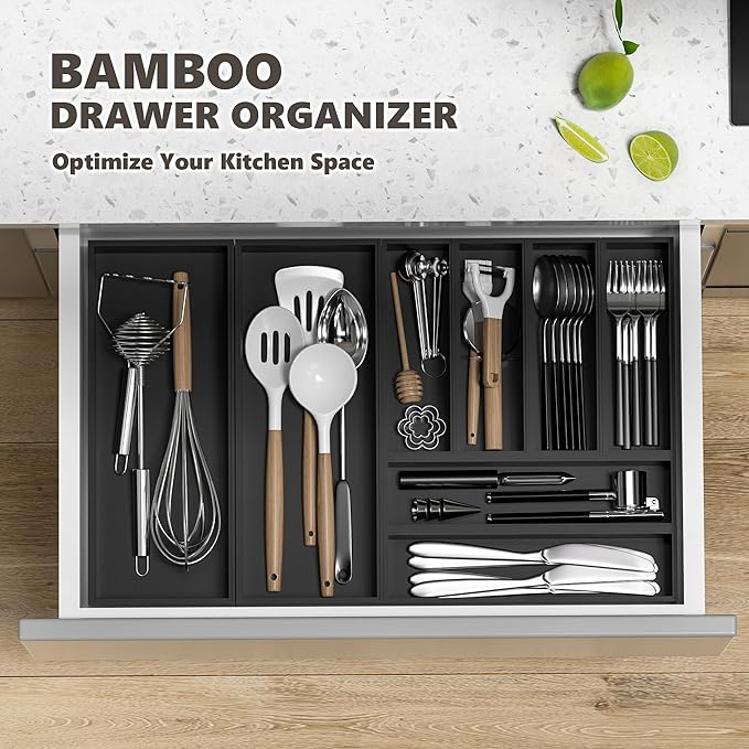Kitchen Drawer Organizer Bins, Black Bamboo Drawer Organizer Stackable for Silverware, Utensils, Cutlery, Flatware, Junk Drawer, Dresser, Bathroom, 9" x 3" x 2.5" (Set of 2)-Ruum Studio Home