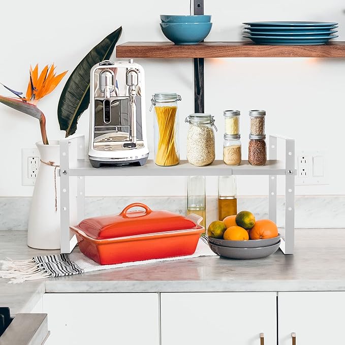 Expandable Cabinet Shelf Organizer Rack, Stackable Kitchen Counter Storage Shelves Stand, Adjustable Height Pantry Shelf Spice Rack (White, 1 Pack)-Ruum Studio Home