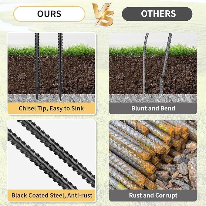 24 Inches Straight Rebar Stakes(20-Pack), 1/2" Diameter Steel Metal Stakes for Garden with Chisel Point End Heavy Duty Ground Anchors for Landscape, Concrete Form, Camping & Trapping Black-Ruum Studio Home