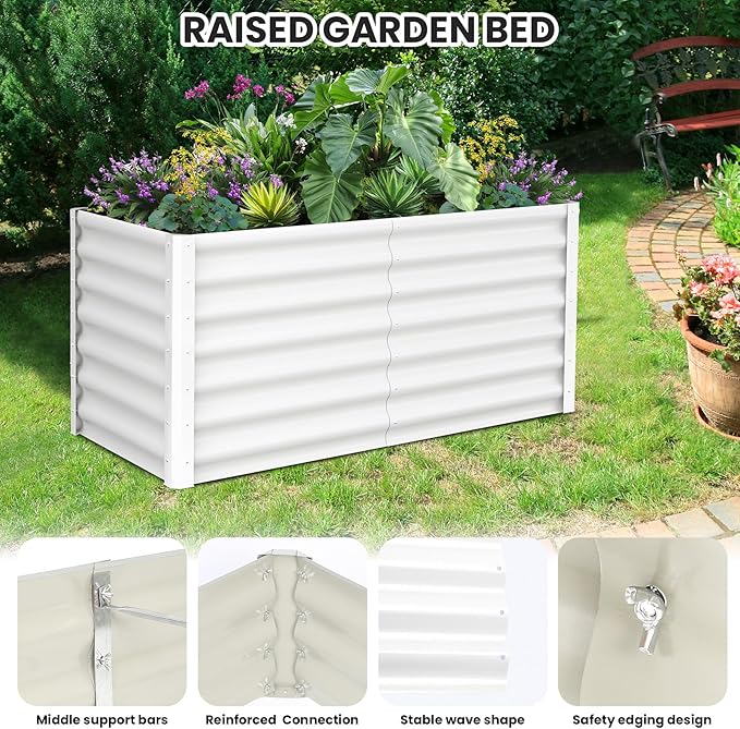 Galvanized Raised Garden Bed Outdoor, 2 Pcs 6x3x2FT Outdoor Large Planter Raised Beds Open Base with Safety Edge and Glove for Vegetables Flowers Ground Planter, White-Ruum Studio Home