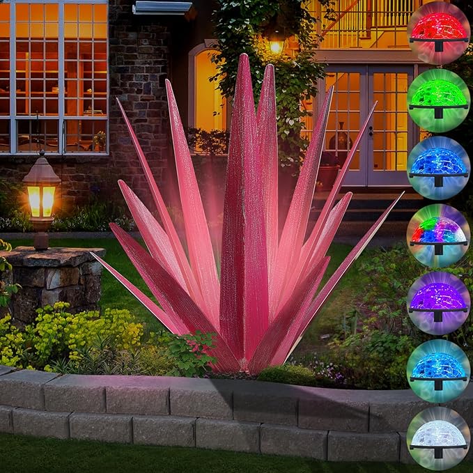 Large Tequila Rustic Sculpture, Rustic Metal Agave Plants for Outdoor Patio Yard, Home Decor Hand Painted Metal Agave Garden Yard Statue, Outdoor Lawn Ornaments (Rose Red - L (W/Solar Light))-Ruum Studio Home
