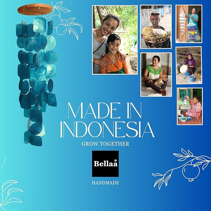 Bellaa 22913 Wind Chimes Outdoor, Garden Decorations, Musical, Indoor/Outside Windchimes, Beach, Ocean Breeze, Gifts for Mom, Gift for All Occasions, Capiz Sea Glass Shells Wood White 27 inch-Ruum Studio Home