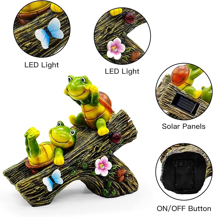 Garden Turtle Figurines Outdoor Decorations, Solar Statue Sweet Frog Face Turtles Decor with 4 LED Lights, Unique Garden Art Resin Statue Gifts for Patio Lawn Porch Yard-Ruum Studio Home