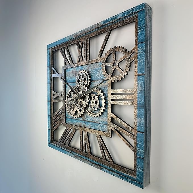 The Gears Clock 24'' Inch Square Real Moving Gear Wall Clock Vintage Industrial Oversized Rustic Farmhouse (Ocean Blue)-Ruum Studio Home