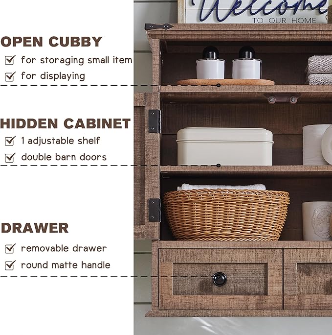 Bathroom Wall Cabinet, Farmhouse 24" Wide Medicine Cabinet with Drawer, Adjustable Shelf, Double Barn Doors, Storage Cabinets for Bathroom, Kitchen, Living Room, Rustic Brown-Ruum Studio Home