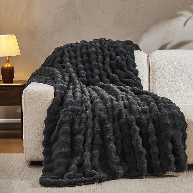 Lotus Karen Faux Fur Blanket Dark Gray Twin Size - Big Bubble Rabbit Fluff Throws for Couch Small Fluffy Fuzzy Cozy Thick Furry Plush Shaggy Blankets 60x80 Inches-Ruum Studio Home