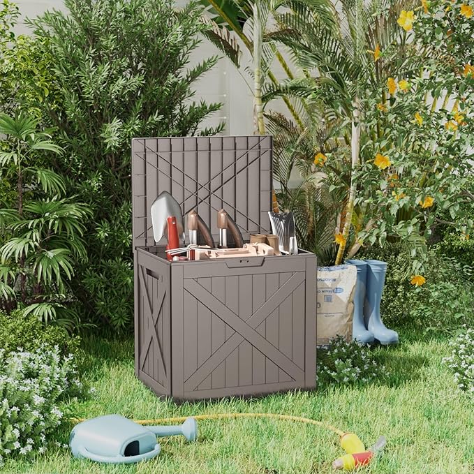Vixzen 32 Gallon Outdoor Deck Box,Lockable Resin Waterproof Storage Box,UV Resistant,Weather Resistance,Outside Storage Bin for Gardening Tools,Pool Supplies,Grey-Ruum Studio Home