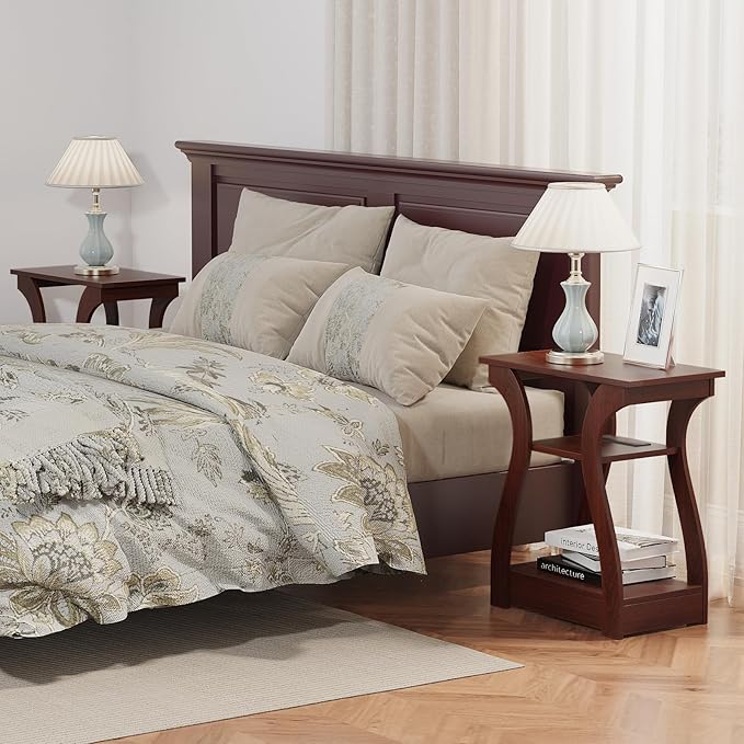 End Tables Living Room, Cherry End Table with Charging Station, Nightstand for Bedroom, 3 Tier End Table with Storage Shelf for Living Room(Cherry)-Ruum Studio Home