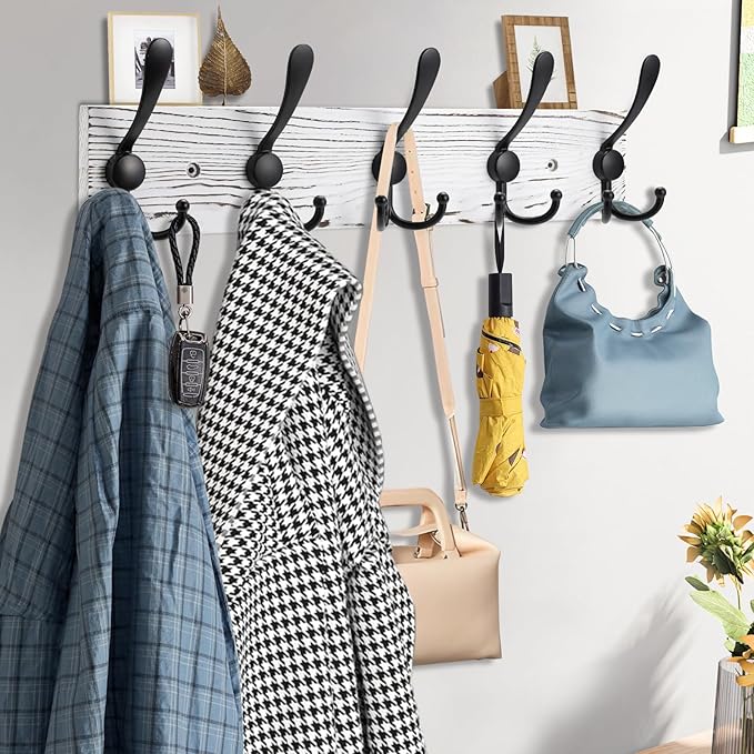 Coat Rack Wall Mount Wooden Hat Rack for Wall Hooks Pine Real Wood Plank 16.9" White Coat Hanger with 5 Black Triple Hooks for Hanging Coat Hat Jacket-Ruum Studio Home