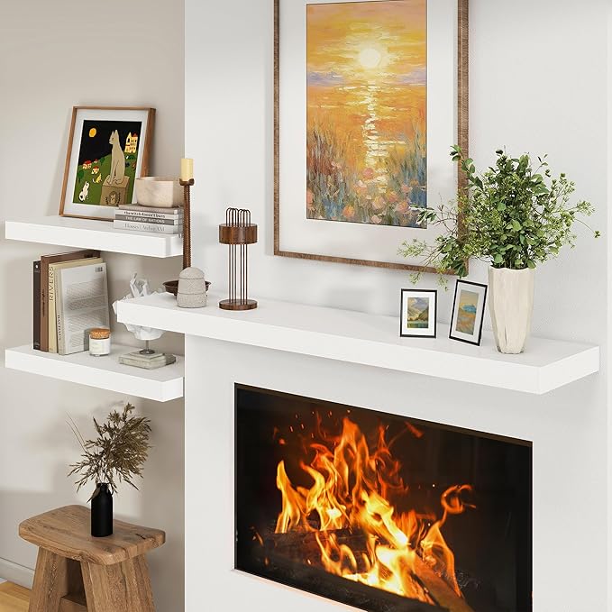 White Floating Shelves for Wall - 55 Inch Wide x 12 Inch Deep Wall Shelves Set of 1 - Rustic White Wood Shelves for Living Room, Bathroom, Laundry Room, Bedroom, Kitchen, Home Office-Ruum Studio Home