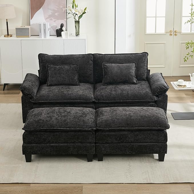 URRED Modular Sectional Sofa Comfy Cloud Couch, Modern Chenille Sofa Sleeper Deep Seat Couches with Ottoman/Pillows for Living Room (Black, 82.6''- 2 Ottomans)-Ruum Studio Home