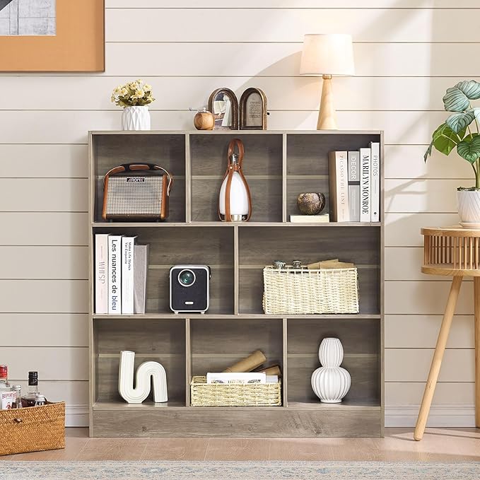 LEYAOYAO 8 Cube Bookshelf with Base,3 Tier Mid-Century Modern Grey Bookcase,Standing Wide Bookshelves Storage Organizer Shelf,Rustic Wood Display Cabinet Book Shelves for Bedroom,Living Room,Office-Ruum Studio Home