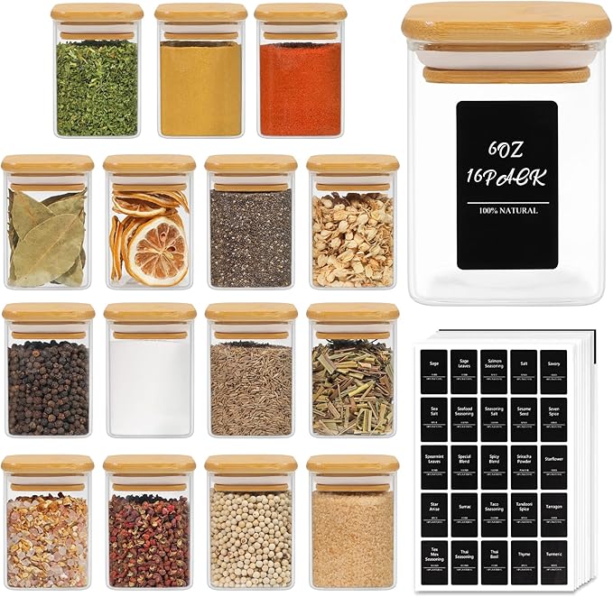 ComSaf 16Pcs Glass Spice Jars with Bamboo Lid, 6oz Airtight Square Containers with 275 Black Lables, Empty Seasoning Jars for Salt Sugar-Ruum Studio Home