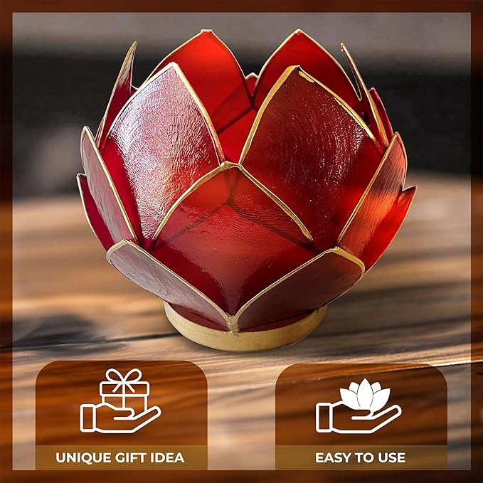 Blooming Lotus Capiz Shell Tealight Candle Holder, Handcrafted Decorative Tea Light Candleholder with Translucent Flower Petals for Ambient Illumination and Natural Elegance, Red-Ruum Studio Home