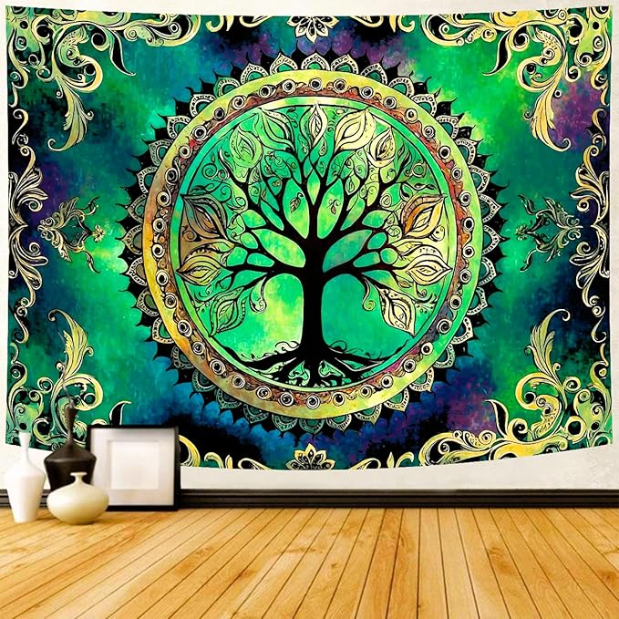 Delur Tree of Life Tapestry Green Nature Bohemian Mandala Spiritual Tapestry Wall Hanging Mystical Landscape Hippie Psychedelic Headboard for Bedroom Living Room Home Decor (51.2" x 59.1")-Ruum Studio Home