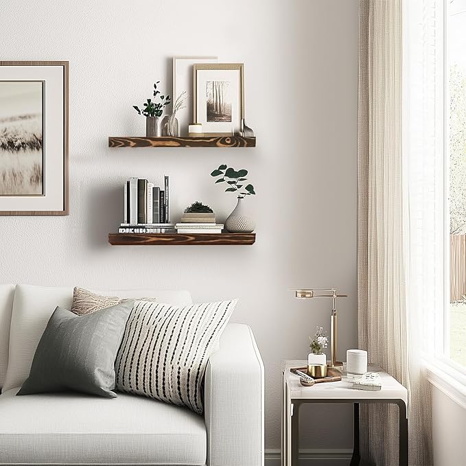 Floating Wall Shelves - 16"x6.8"x1.2" Sturdy Rustic Brown Solid Wood Shelves for Storage and Décor, Easy Installation for Living Room, Bedroom, and Kitchen - 2 Pack-Ruum Studio Home