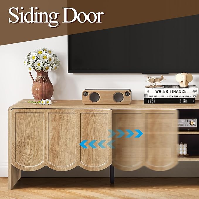 ORRD 63'' TV Stand, Modern TV Console Table Wave Panel Television Stands Entertainment Media Center with Storage Compartment and Sliding Door for Living Room (Natural)-Ruum Studio Home