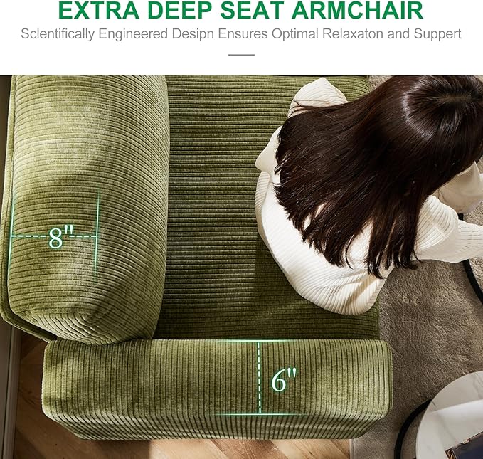 38.5 Oversized Accent Chair with Storage Green Corduroy, Single Modern Accent Sofa Chair with Arms for Apartment Living Room (21" Deep Seat)-Ruum Studio Home