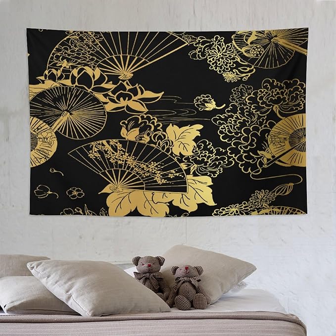 HZOHNAGO Japanese Tapestry Gold Flowers Umbrella Fan Pattern Printed Wall Tapestry Painting Wall Hanging for Bedroom Living Room Dorm 90" W x 60" H-Ruum Studio Home