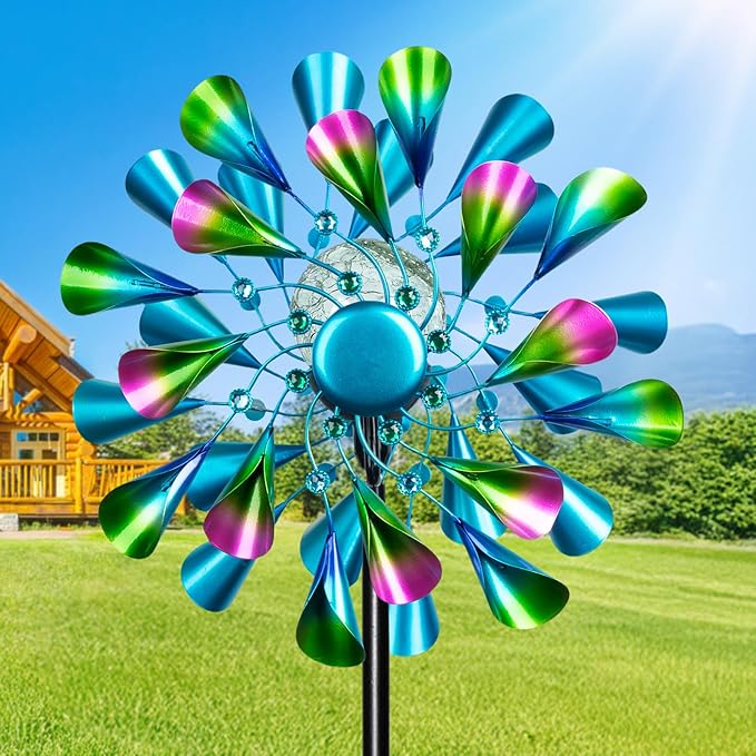 60'' Wind Spinner with Color Glass Ball Solar Lights, Green Peacock Feathers Metal Garden Outdoor Decor Yard Lawn Art Decor for Patio Kinetic Windmills Unique Gifts for Friends and Family-Ruum Studio Home