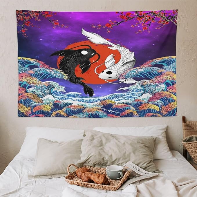 Houselerax Japanese Koi Fish Tapestry, Yin Yang Big Wave Cherry Blossom Tapestries Wall Hanging for Bedroom Living Room Office Decor 90"x60"-Ruum Studio Home
