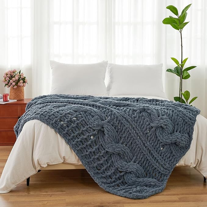 Esterra Chunky Knit Blanket Throw 50"x60", 100% Hand Knitted Chenille Throw Blanket, Cozy Soft Thick Cable Knit Throw Large Rope Knot Crochet Throw Blanket for Sofa Couch Bed, Blue Mirage-Ruum Studio Home