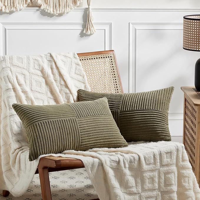 Fancy Homi 2 Packs Olive Green Long Lumbar Decorative Throw Pillow Covers 12x24 Inch for Couch Bed Sofa, Rustic Farmhouse Boho Home Decor, Soft Striped Corduroy Rectangle Accent Cushion Case 30x60 cm-Ruum Studio Home