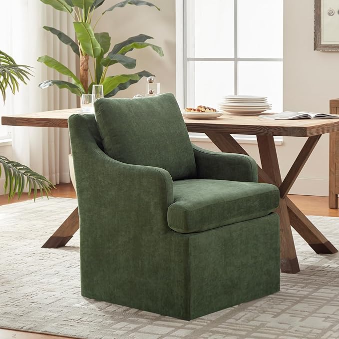 VKNOW Upholstered Dining Chairs Set of 2, Modern Kitchen Chair Dinner Chairs with 4 Casters, Linen Armchair for Bedroom Reading Room, Green-Ruum Studio Home