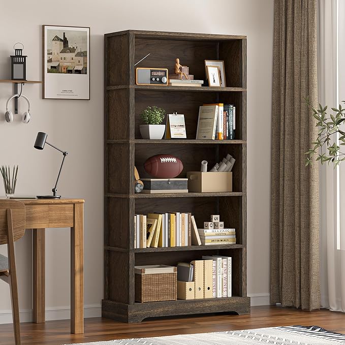 TVU 5-Shelf Wood Bookcase, 65 Inch Tall Bookshelf with Storage, Floor Standing Display Book Shelf, for Living Room Bedroom Study Office, Rustic Brown-Ruum Studio Home