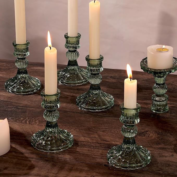 12PCS Green Candlestick Holders Set- 4" H Taper Candle Holders, Glass Candle Holders Bulk for Wedding, Party, Home Table Centerpieces, Festival Gifts & Windowsill Decor-Ruum Studio Home