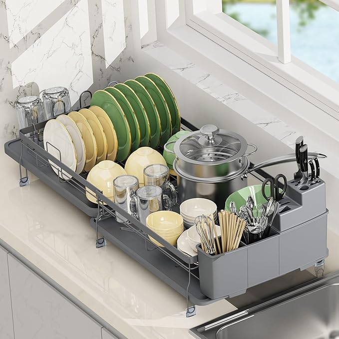 ROTTOGOON Expandable Dish Drying Rack,Multifunctional Adjustable Dish Drainer with Swivel Spout and Anti-Rust Dish Rack with Removable Cutlery & Cup Holders for Kitchen Counter,Dark Grey-Ruum Studio Home