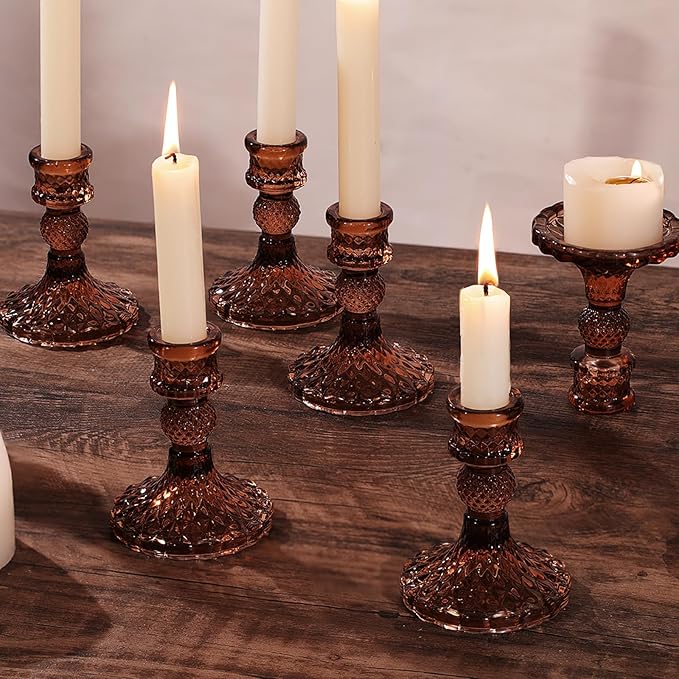12Pcs Amber Candlestick Holders Set- 4" H Taper Candle Holders Bulk, Glass Candle Holders for Wedding, Party, Fall Dinner Table Centerpieces, Festival Gifts & Windowsill Decor-Ruum Studio Home