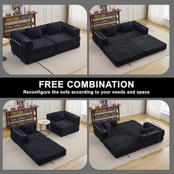 78" W Loveseat Sofa, 4 in 1 Convertible Floor Sofa Bed, Boneless Cloud Couch with Cup Holder, Fold Out Floor Couch, Loveseat Recliner Sleeper for Living Room Bedroom Lounge(Corduroy, White)-Ruum Studio Home