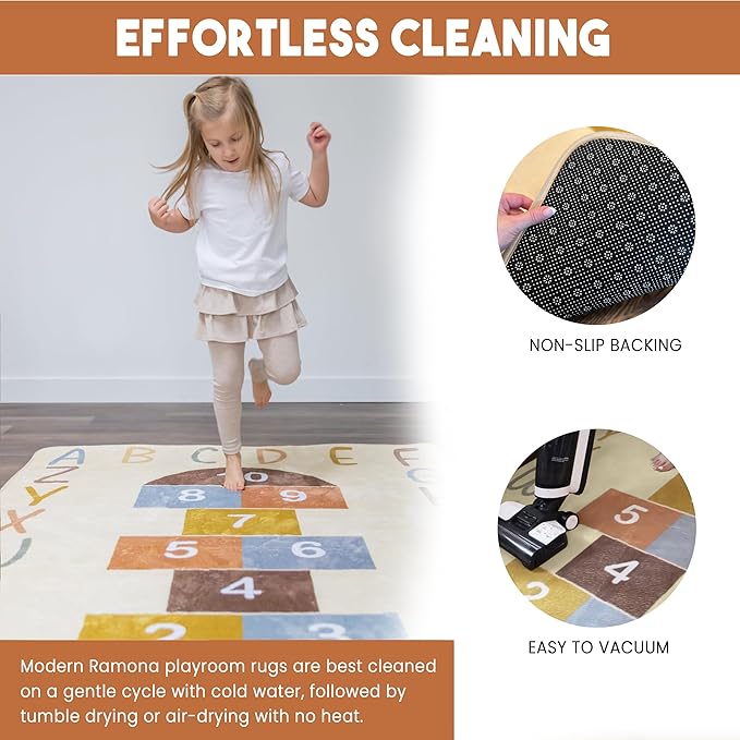 Washable Hopscotch Rug for Kids | Educational ABC & Numbers Carpet for Toddler Playroom or Classroom | 4.6' x 6.5' Non-Slip Play Mat | Neutral Decor-Ruum Studio Home