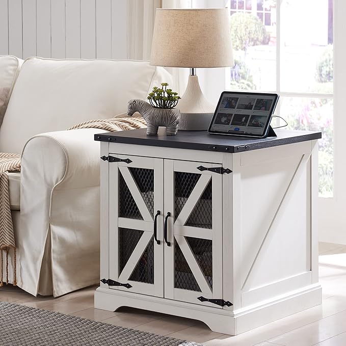 JXQTLINGMU Farmhouse End Table, 24" Large Sofa Side Table with Charging Station, Mesh Barn Door, and Adjustable Storage Shelf, Rustic Wood Square Nightstand for Living Room, Bedroom, Office, White-Ruum Studio Home