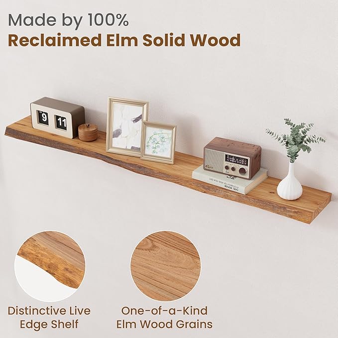 Floating Shelves for Wall Decor, Rustic Solid Elm Wood Live Edge Floating Shelves Wall Mounted, Wall Shelves with Invisible Bracket for Living Room Bathroom Bedroom Kitchen, 55 Inch, Natural-Ruum Studio Home