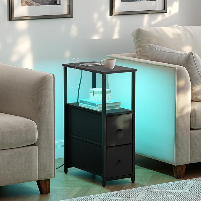 TUTOTAK Small Narrow LED End Table with Charging Station, Side Table Outlets, Nightstand with 2 Cloth Drawers, Couch Table, for Living Room, Bedroom, Bedside, Black TB01BK085L-Ruum Studio Home